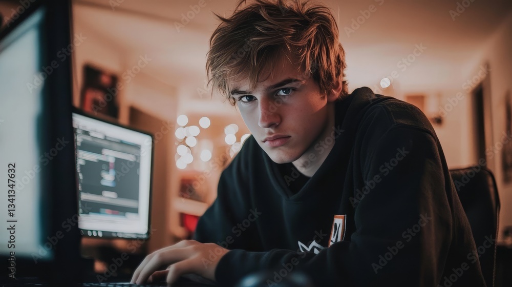 Poster focused young man working on computer in home office with soft lighting in background