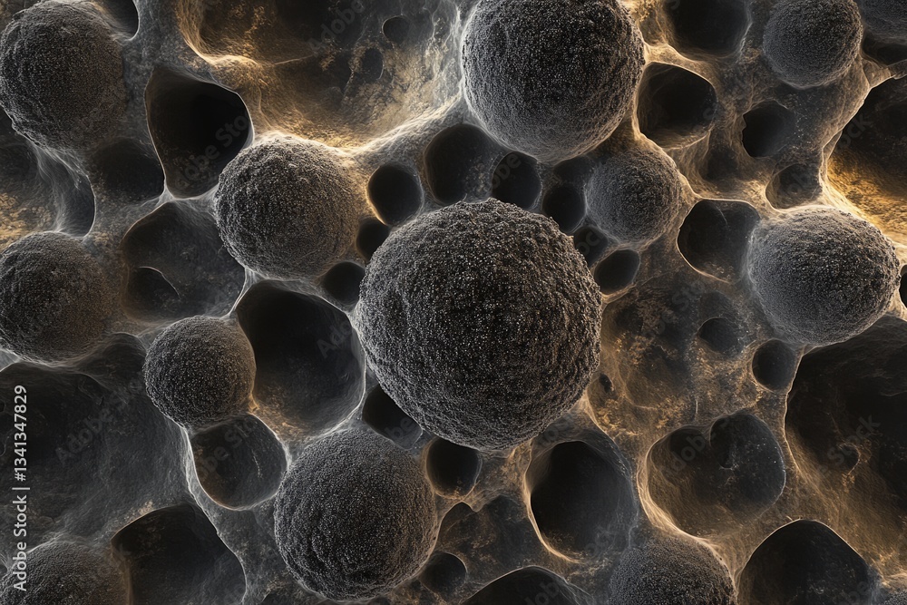 Poster microscopic image showing spherical structures embedded in a porous matrix, possibly a biological or