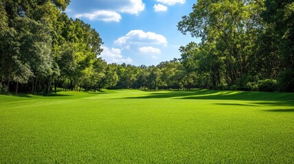 Beautiful Green Grass Meadow with Blue Sky and Trees in the Background. Spring Nature Landscape