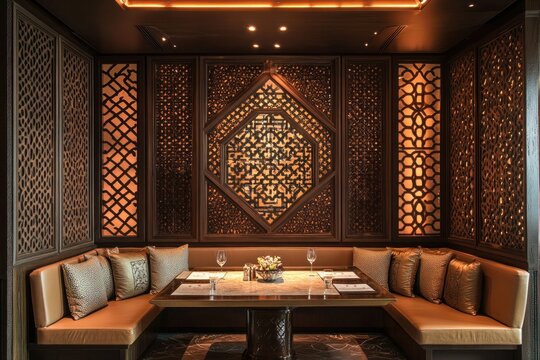 A beautifully designed intimate dining area with patterned wooden panels