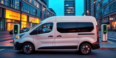 Electric delivery van in smart city, charging station in background, sustainable logistics, zero-emission