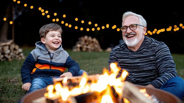 Happy Grandfather and Grandson by Bonfire