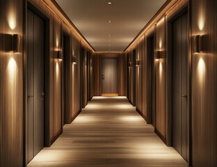 A long wooden hallway with many closed doors and soft lighting