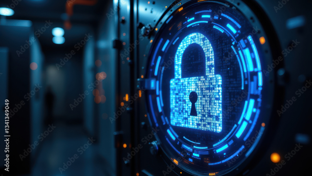 Poster a futuristic industrial scene with a lock symbol illuminated on a metallic structure, suggesting cyb