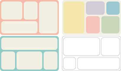 Set of bento grid frames for photos and pictures. Vector illustration in pastel colors.
