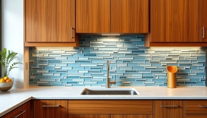 Elegant glass tile accent backsplash, warm wood cabinets, sleek faucet,  rich wood tones, kitchen hardware