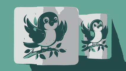 Naklejka premium Cute Cartoon Swallow Perching on a Branch with Clouds in the Background