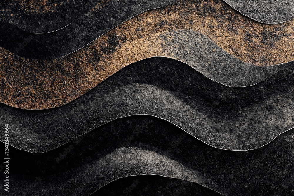 Poster abstract image of undulating layers of dark and light granular textures, resembling sand dunes.