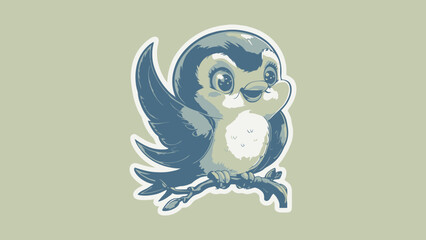 Obraz premium Cute Cartoon Swallow Perching on a Branch with Clouds in the Background