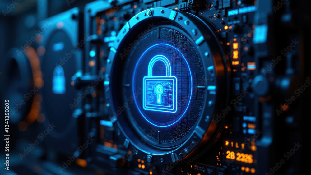 Poster cybersecurity lock graphic with blue glow on computer hardware.