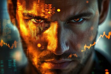 Intense close-up of a man's face overlaid with futuristic data streams and stock market charts, conveying power and technological integration.