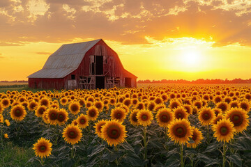 A rustic red barn stands majestically amidst a vibrant sunflower field at sunset, creating a picturesque rural scene.