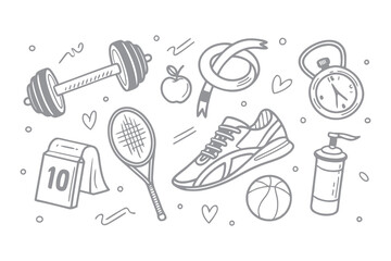Hand Drawn Sketch Icon Set of Gym and Fitness Equipment. Doodle Illustrations of Tennis Balls, Bottles, Dumbbells, and Other Fitness Gear. Vector Art