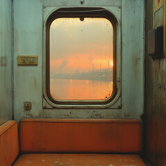 an old, battered carriage, probably from a train or a ferry. The orange seat is worn, with obvious signs of time, and the walls have a dirty, metallic tint. 