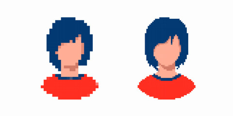Fototapeta premium this pixel art character design showcases blue hair and a red shirt, capturing an iconic 8-bit style.