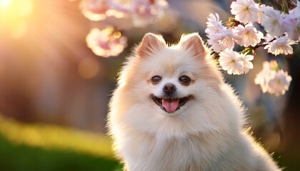桜と白いポメラニアン