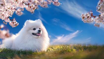 桜と白いポメラニアン
