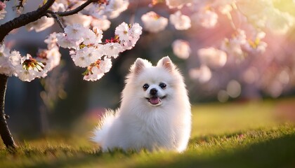 桜と白いポメラニアン