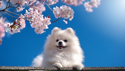 桜と白いポメラニアン