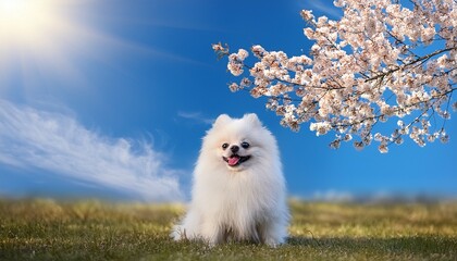 桜と白いポメラニアン