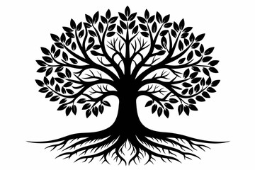 tree silhouette with roots line art silhouette vector illustration