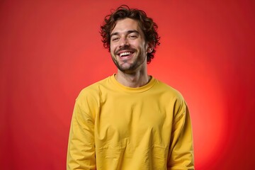 Fototapeta premium Portrait of a Cheerful Young Man with Curly Hair Smiling Against a Bright Red Background