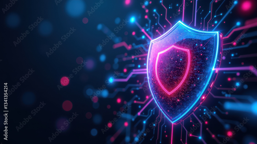 Poster a digital illustration of a shield with cybernetic elements against a backdrop of digital data strea