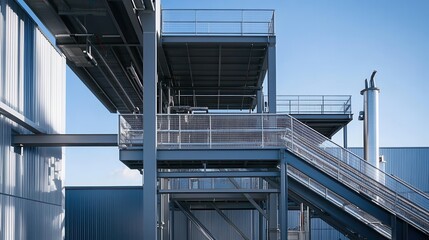 Naklejka premium Modern Industrial Architecture with Staircase and Steel Framework