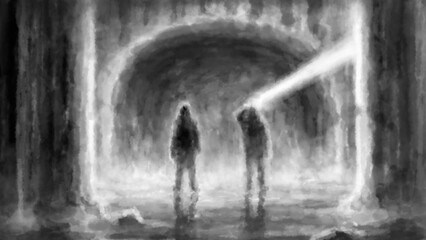A journey into the dark past. Illustration in horror fantasy genre. Gloomy silhouettes of travelers. Coal and noise effect. Black and white background colors.	
