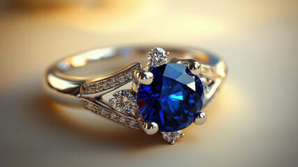 A sophisticated sapphire ring with a unique art deco design, placed against a muted cream background. The deep blue stone gleams as light dances across its flawless cut, accentuated by symmetrical d
