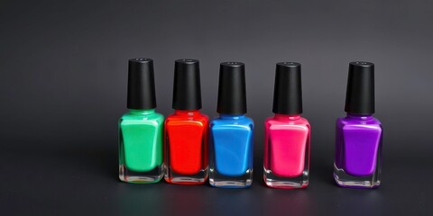 Five vibrant nail polish bottles arranged on a sleek black background, product photography, colorful
