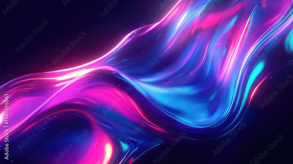 Poster dynamic iridescent liquid form in a neon gradient, floating in a dark space, evoking a futuristic di