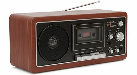 A beautifully preserved vintage wooden radio from the 1950s, featuring a polished mahogany frame, classic tuning dials, and speaker grill, isolated on a white background in UHD