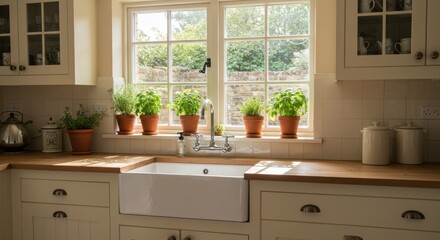 Sunlit Kitchen Sink with Herbs and Garden View From Window