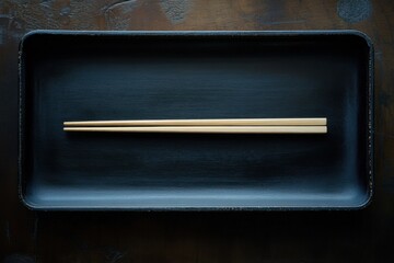 Minimalist shot of a single pair of light wooden chopsticks elegantly placed on a black lacquer tray