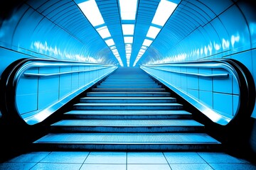 Fototapeta premium Empty escalator rising to bright light at station