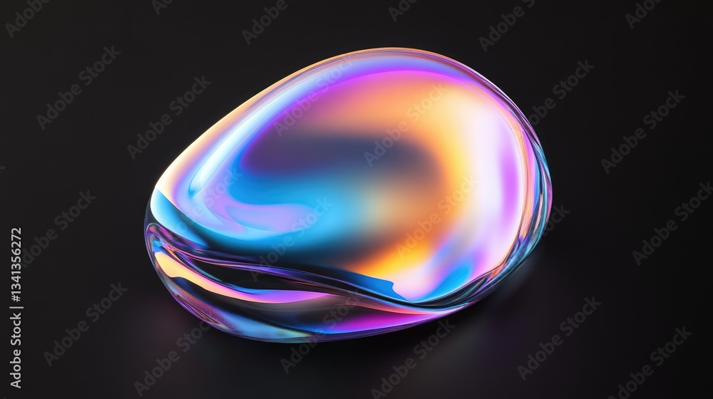Poster floating iridescent 3d blob with smooth gradient reflections, hovering over a deep black background 