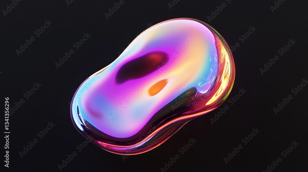 Poster floating iridescent 3d blob with smooth gradient reflections, hovering over a deep black background 