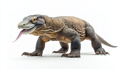 Obraz premium Powerful Komodo Dragon Stalking with Tongue Flicking Out on White Background - High Detail Reptile Photography