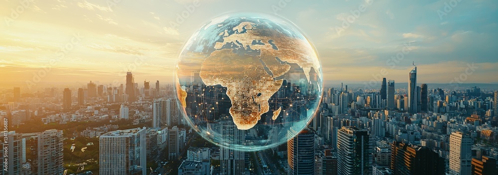 Aufkleber globe global utilizes a modern city backdrop to convey its business technology concept, ideal for a 