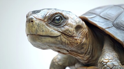 Obraz premium Wise Old Turtle with Weathered Shell and Tilted Head on White Background - High Detail Full Shot of Ancient Tortoise