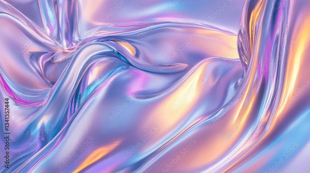 Poster reflective silver foil with liquid-like motion, featuring mesmerizing iridescent hues and abstract w