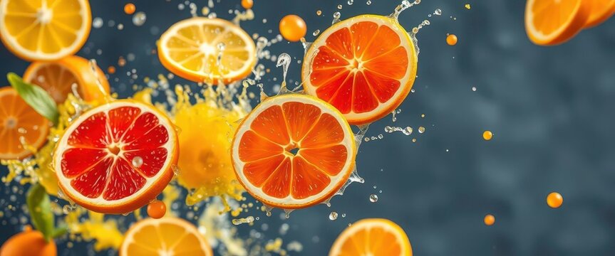 Flying citrus fruits, vibrant juice splash, atis slices, atis,  isolated