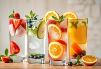 Fototapeta premium Four glasses of infused water with assorted fruits, detox, closeup