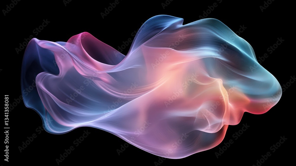 Poster soft, fluid iridescent shape with a neon-inspired gradient, floating in a dark void for an elegant a