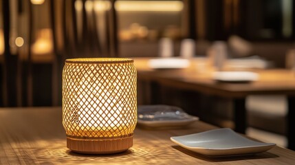 Handcrafted rattan wireless lamp emitting a soft organic glow, creating a natural and serene ambiance for upscale sushi and omakase restaurants