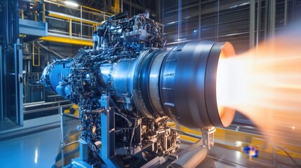 Jet engine test fire, close-up view showing intense exhaust.