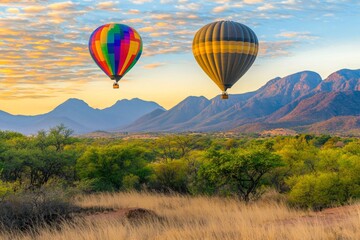 Tourists soar above the Pilanesberg reserve in hot air balloons, surrounded by a breathtaking landscape of mountains and blue sky, with three balloons showcasing colorful safari designs