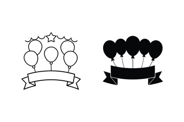 Celebration Balloons, Ribbon Banner, Party Icons, Outline, Solid, Design Elements