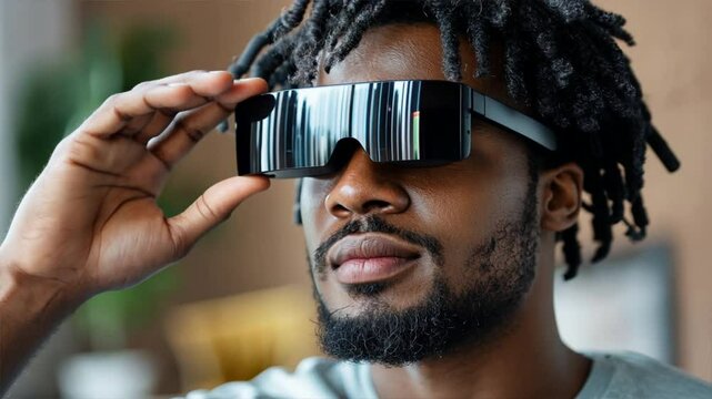 Innovation in Sight: A Black Man gazes with curiosity, the cutting-edge technology of augmented reality glasses. He is poised on the cusp of the future.